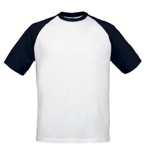 B&C BC230 - Camiseta de béisbol con manga raglán en contraste Blanco / Azul marino