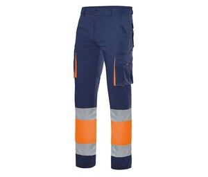 VELILLA V3030 - Pantalones multibolsillos dos tonos y alta visibilidad V3030 Navy/Fluo Orange