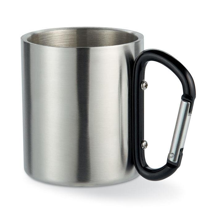 GiftRetail MO8313 - Taza de acero inoxidable con asa de mosquetón.