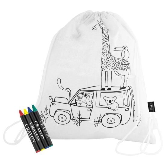 EgotierPro 52046 - Bolsa RPET blanca con dibujo animales y set 4 crayones SAFUN