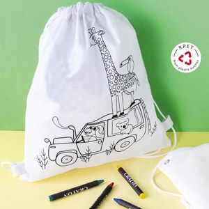 EgotierPro 52046 - Bolsa RPET blanca con dibujo animales y set 4 crayones SAFUN